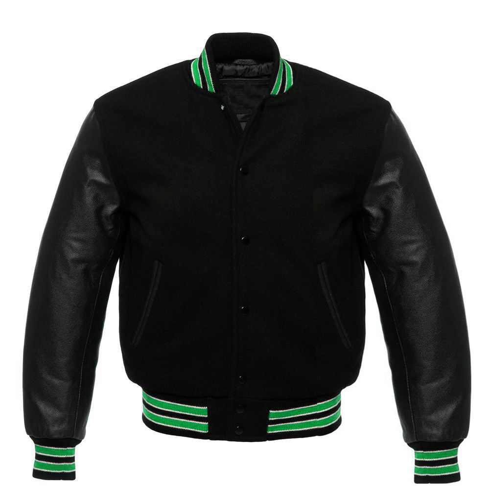 Multi Trims Varsity Lettermen baseball Jacket Black Wool with Green Trim and Genuine Leather Sleeves