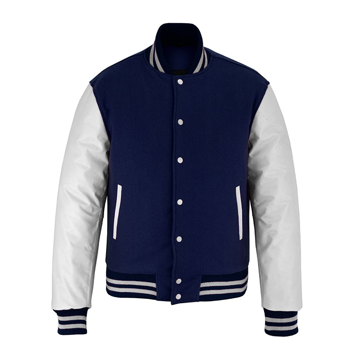 Classic Varsity Letterman Jacket Navy Blue Wool with White Sleeves Men 4XL Navy Blue White