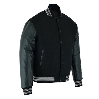 Multi Trims Varsity Lettermen baseball Jacket Black Wool with Gray Trim and Genuine Leather Sleeves