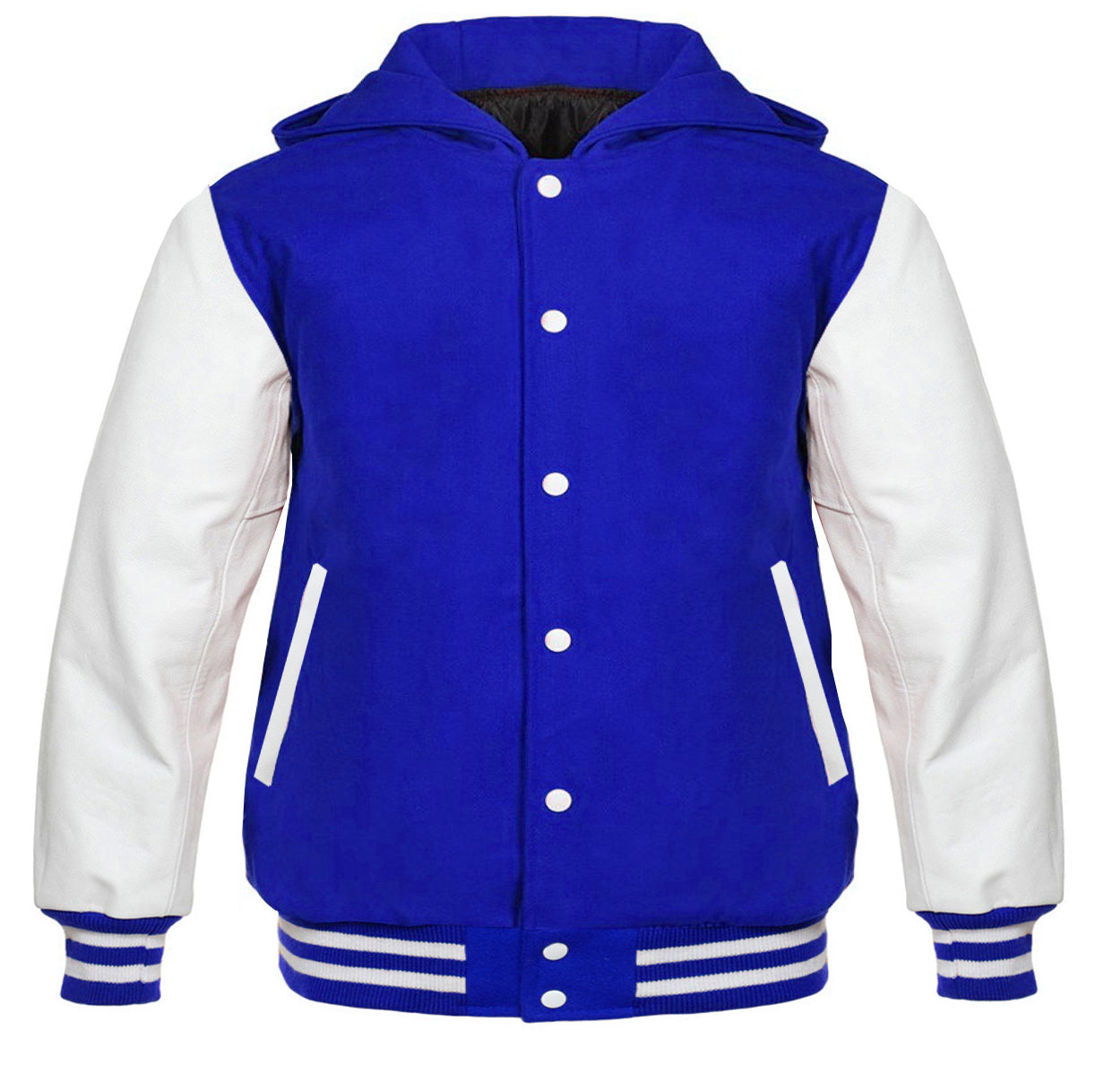 Blue Hooded and White Leather Varsity Jacket For Mens