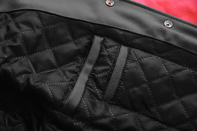 Classic Varsity Letterman Jacket Black Wool with Red Genuine Leather Sleeves and trims