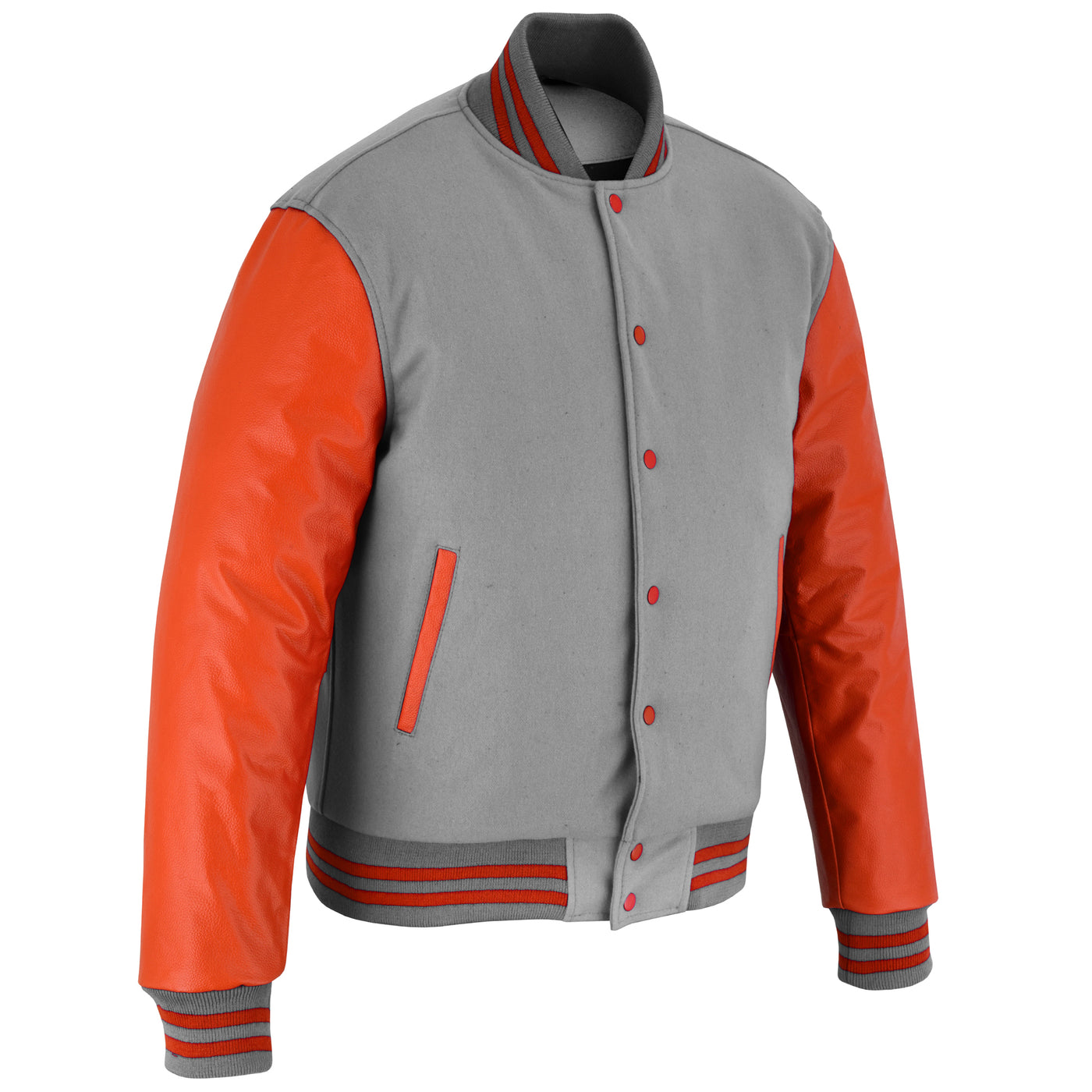 Classic Varsity Letterman Jacket Light Grey Wool with Orange Genuine Leather Sleeves and trims