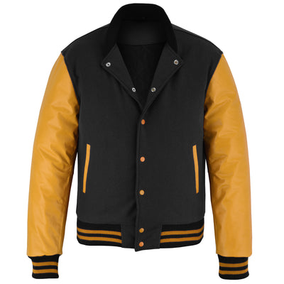 Classic Varsity Letterman Jacket Black Wool with Gold Genuine Leather Sleeves and trims