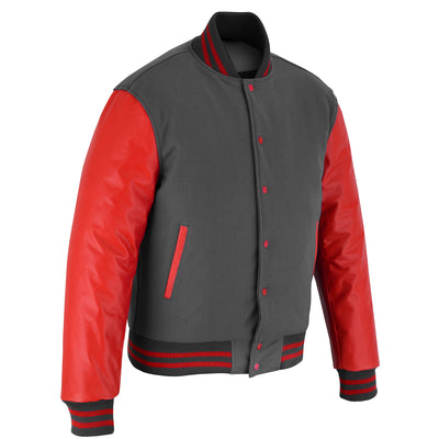 Classic Varsity Letterman Jacket Gray Wool with Red Genuine Leather Sleeves and trims