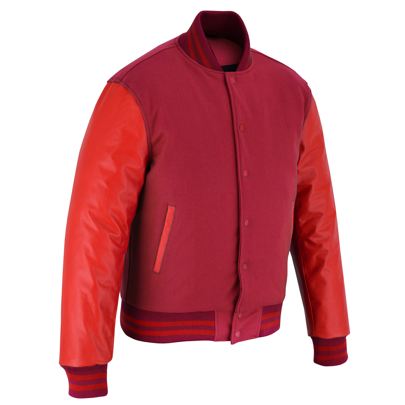 Classic Varsity Letterman Jacket Maroon Wool with Red Genuine Leather Sleeves and trims