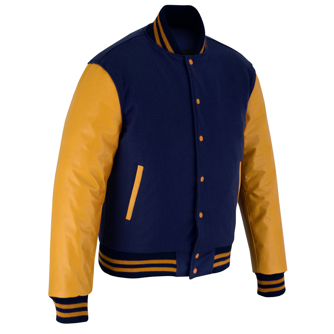 Classic Varsity Letterman Jacket Navy Blue Wool with Gold Genuine Leather Sleeves and trims