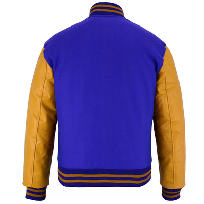 Classic Varsity Letterman Jacket Royal Wool with Gold Genuine Leather Sleeves and trims