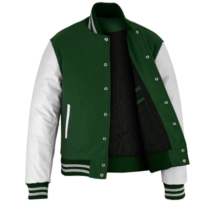 Classic Varsity Letterman Jacket Forest Green Wool with White Genuine Leather Sleeves and trims