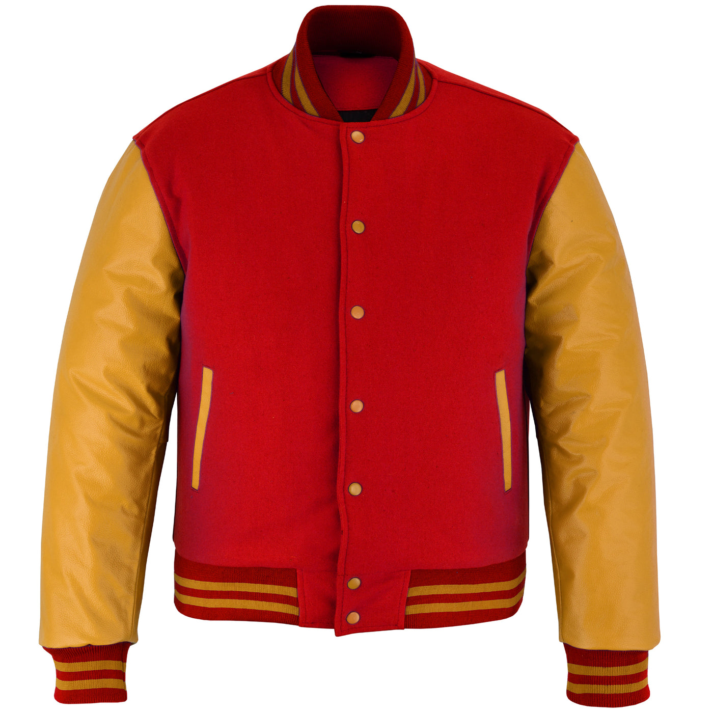 Classic Varsity Letterman Jacket Red Wool with Gold Sleeves and