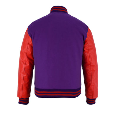 Classic Varsity Letterman Jacket Purple Wool with Red Genuine Leather Sleeves and trims