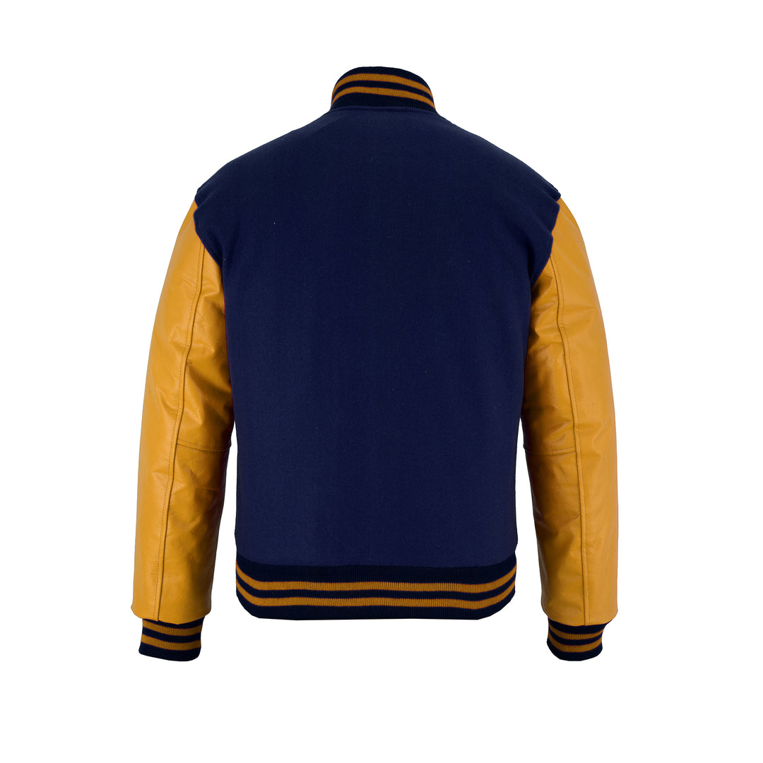 Classic Varsity Letterman Jacket Navy Blue Wool with Gold Sleeves