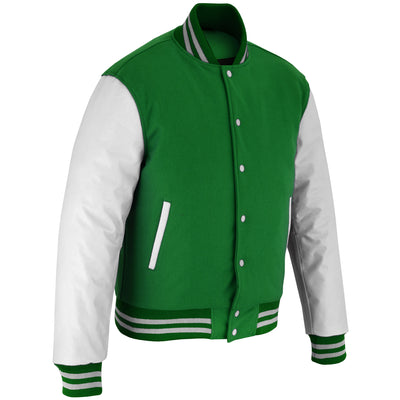 Classic Varsity Letterman Jacket Green Wool with White Genuine Leather Sleeves and trims