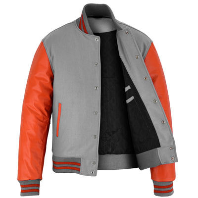 Classic Varsity Letterman Jacket Light Grey Wool with Orange Genuine Leather Sleeves and trims