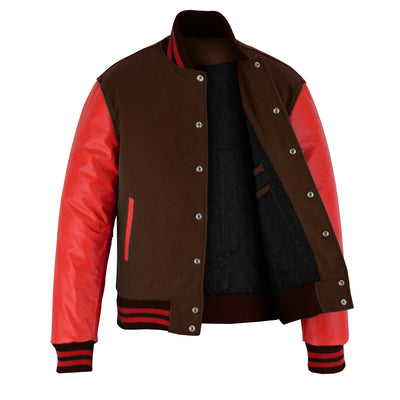 Classic Varsity Letterman Jacket Brown Wool with Red Genuine Leather Sleeves and trims