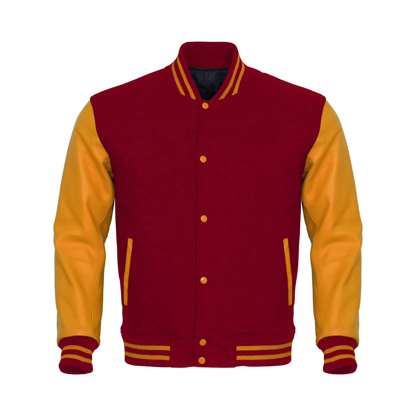 Classic Varsity Letterman Jacket Burgundy Wool with Gold Genuine Leather Sleeves