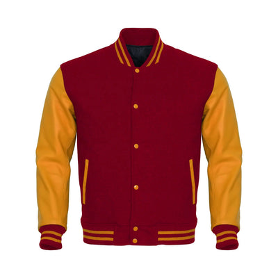 Classic Varsity Letterman Jacket Burgundy Wool with Gold Genuine Leather Sleeves