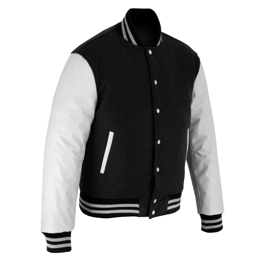 Classic Varsity Letterman Jacket Black Wool with White Leather