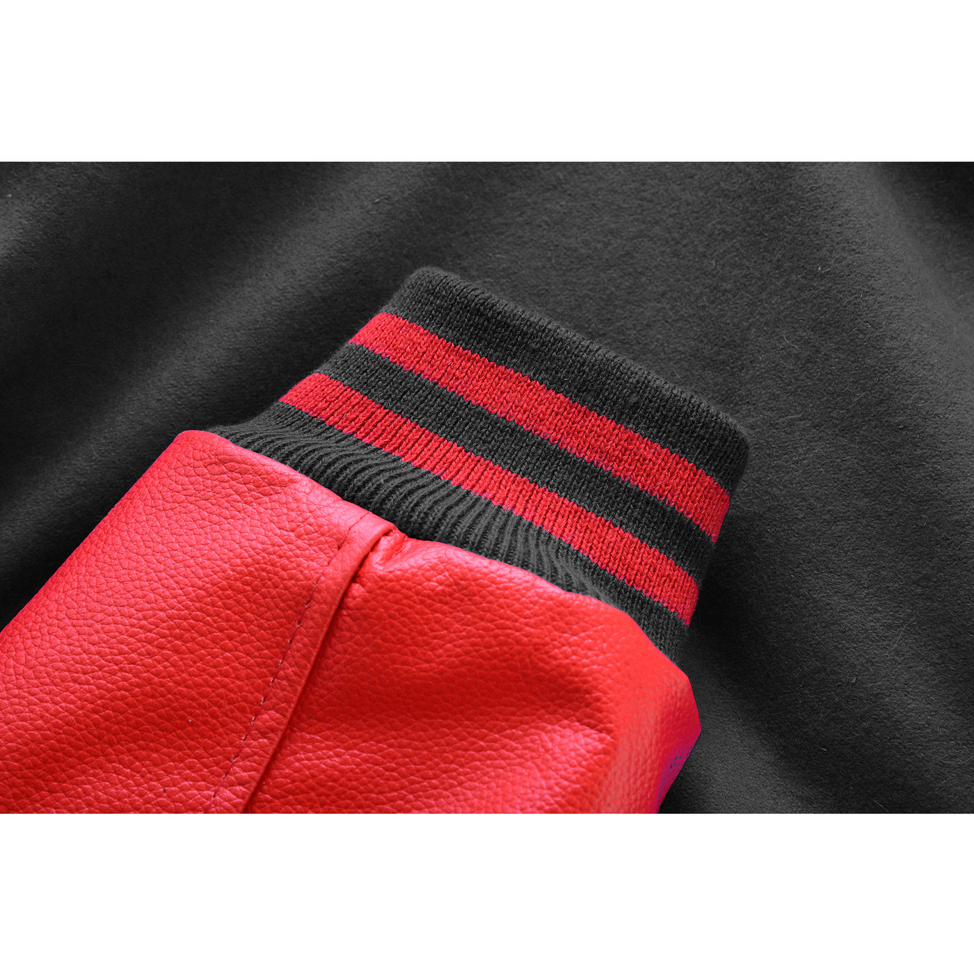 Classic Varsity Letterman Jacket Black Wool with Red Genuine Leather Sleeves and trims