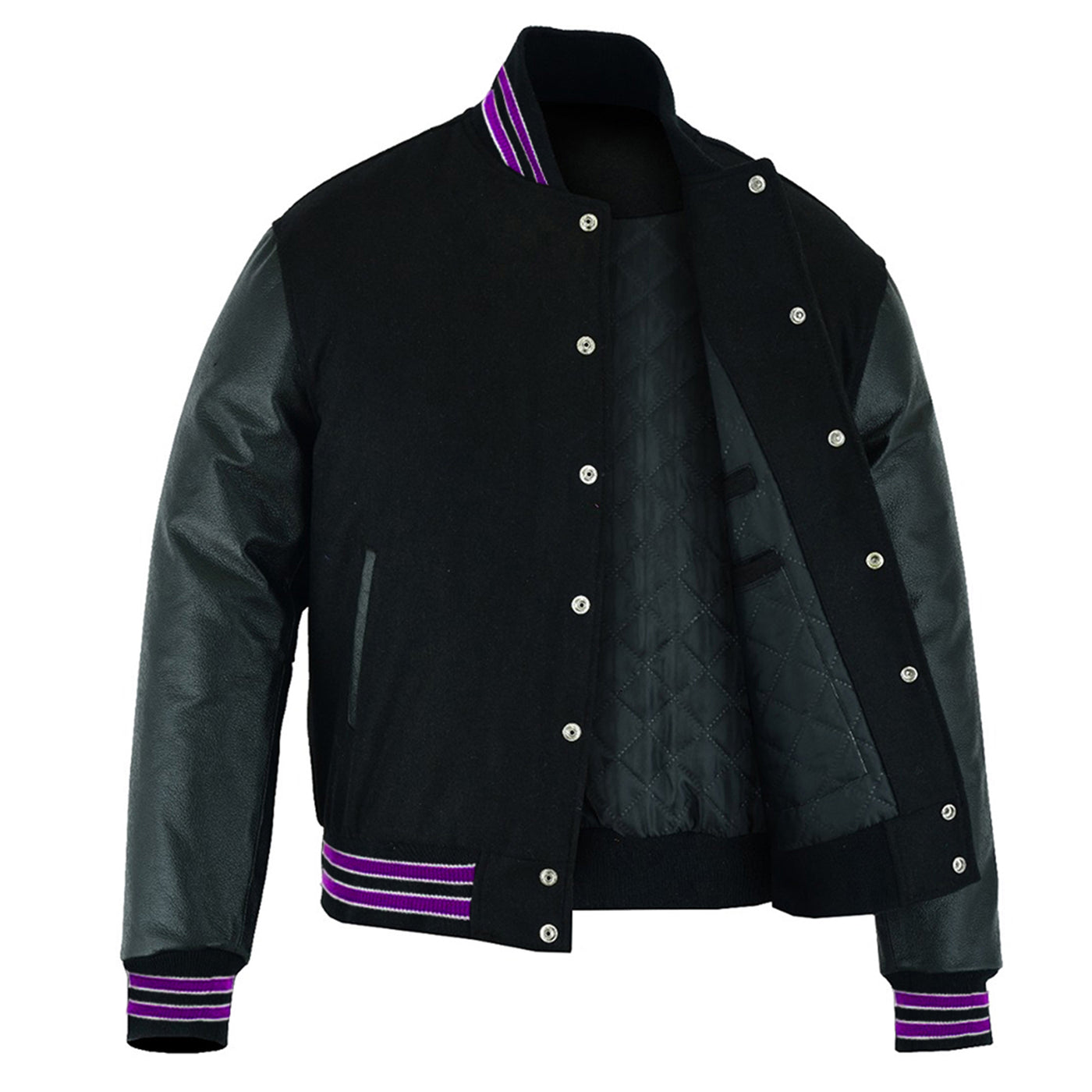 Multi Trims Varsity Lettermen baseball Jacket Black Wool With Purple Trim and Genuine Leather Sleeves