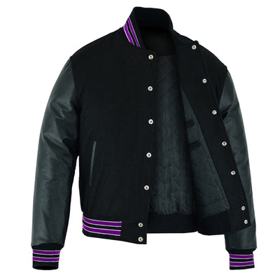 Multi Trims Varsity Lettermen baseball Jacket Black Wool With Purple Trim and Genuine Leather Sleeves