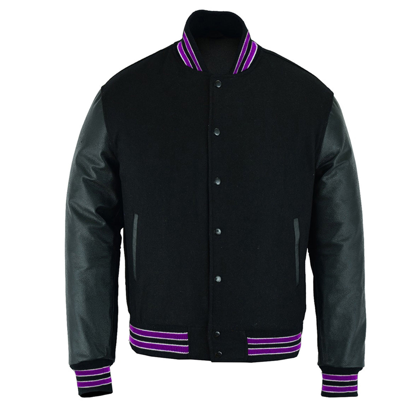 Multi Trims Varsity Lettermen baseball Jacket Black Wool With Purple Trim and Genuine Leather Sleeves