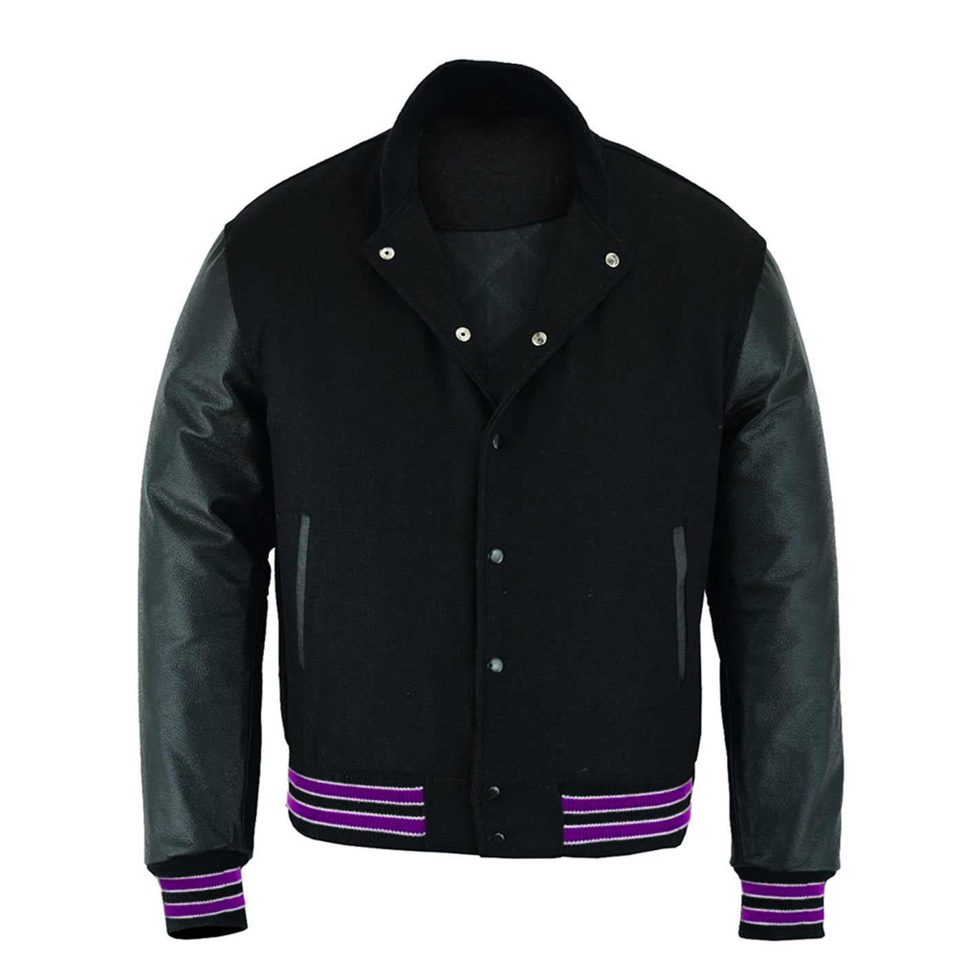 Multi Trims Varsity Lettermen baseball Jacket Black Wool With Purple Trim and Genuine Leather Sleeves