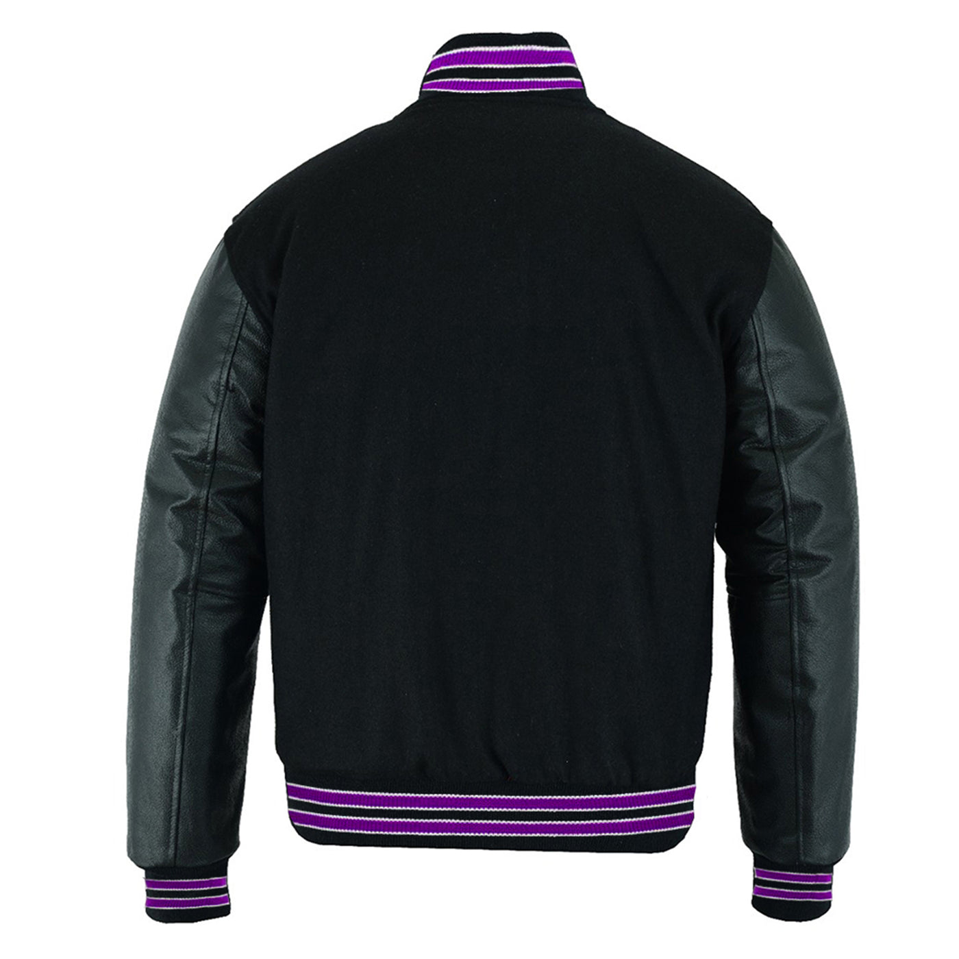 Multi Trims Varsity Lettermen baseball Jacket Black Wool With Purple Trim and Genuine Leather Sleeves