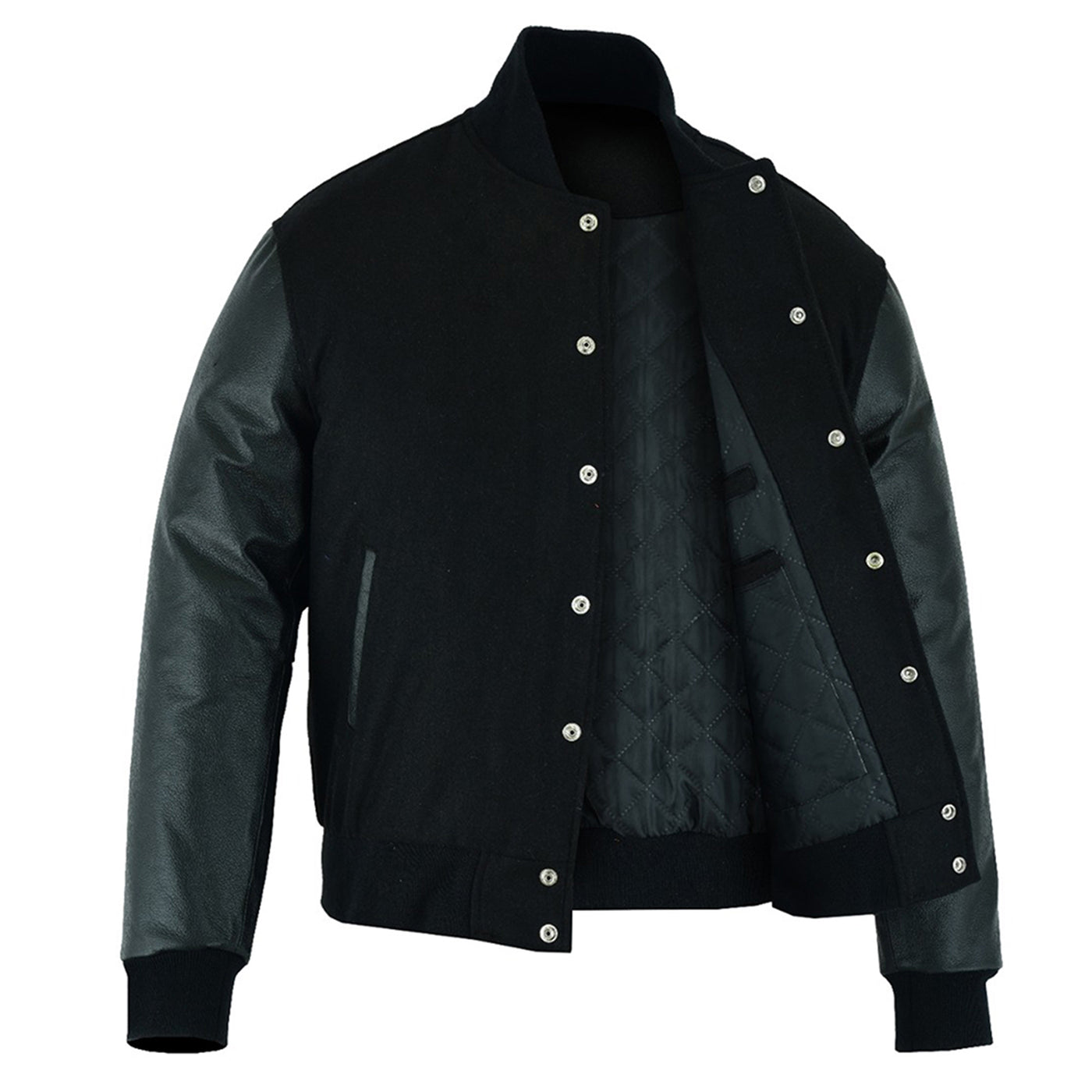 Classic Varsity Letterman Jacket Solid black with Cowhide Leather Sleeves