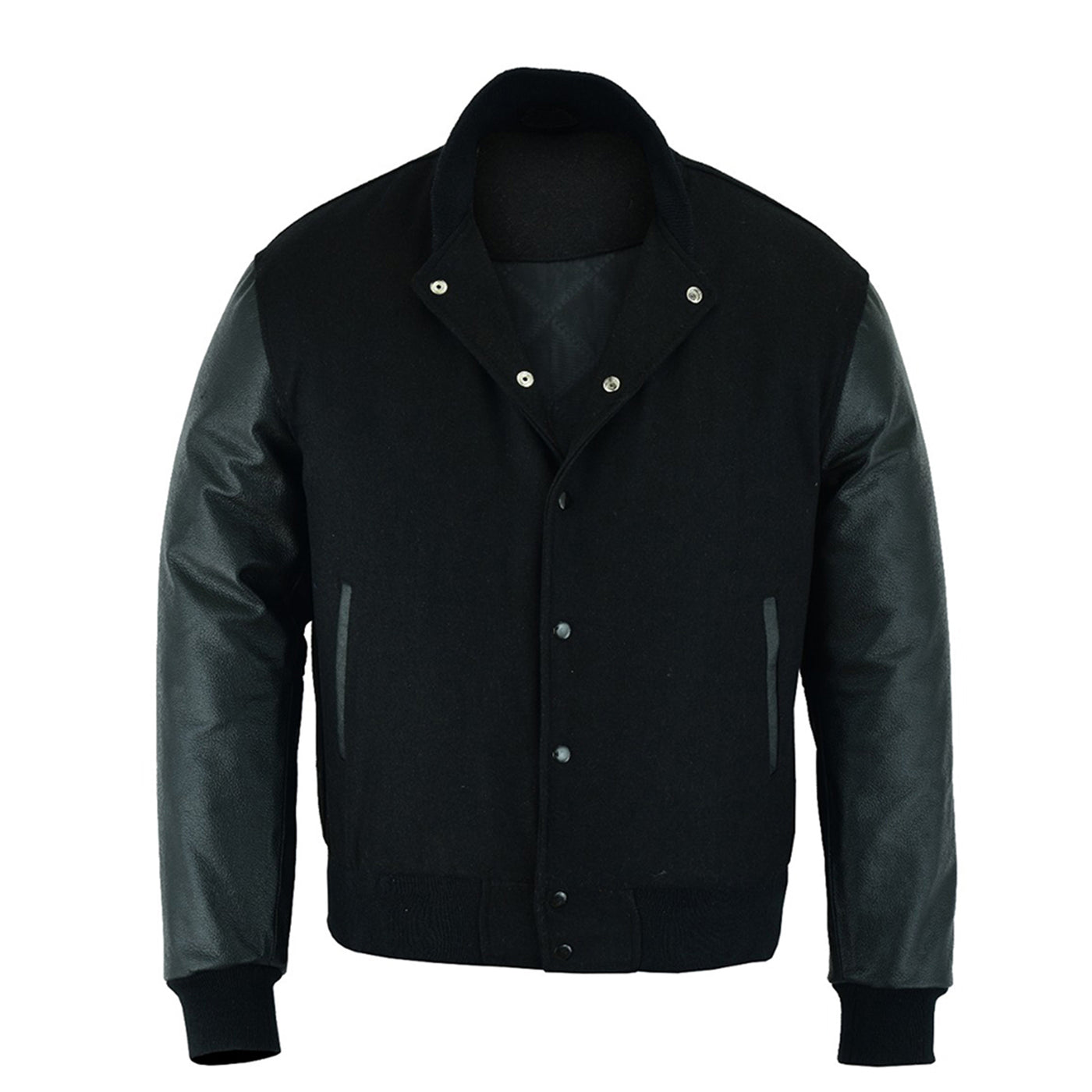 Classic Varsity Letterman Jacket Solid black with Cowhide Leather Sleeves