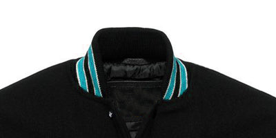Multi Trims Varsity Lettermen baseball Jacket Black Wool with Sky blue Trim and Genuine Leather Sleeves