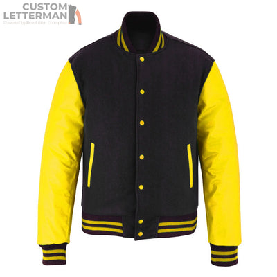 Varsity Letterman Baseball Black Wool and Genuine Leather Sleeves Jacket