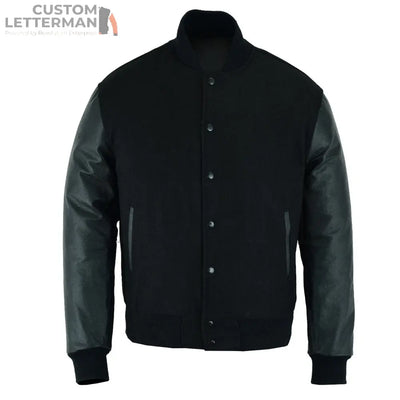 Classic Varsity Letterman Jacket Solid black with Cowhide Leather Sleeves Custom Letterman