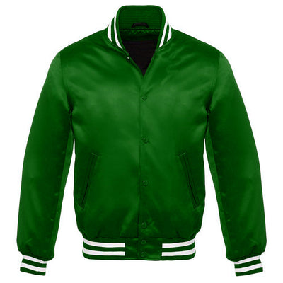 Satin Jacket Vintage Style Letterman  Baseball Dark Green Bomber Jacket  with White Trim