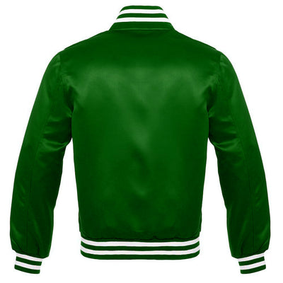 Satin Jacket Vintage Style Letterman  Baseball Dark Green Bomber Jacket  with White Trim