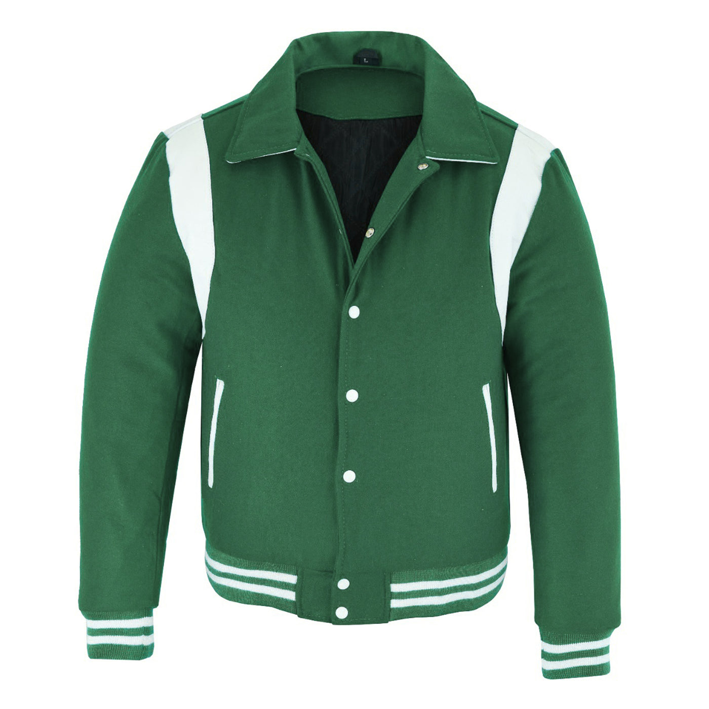Classic Varsity Letterman Baseball College Jacket Green Wool with White Single Leather Strip
