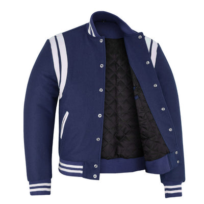 Classic Varisty Letterman Baseball College Jacket Navy Wool with White Double Leather Strip