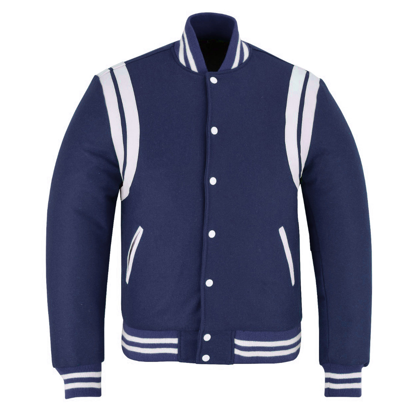 Classic Varisty Letterman Baseball College Jacket Navy Wool with White Double Leather Strip