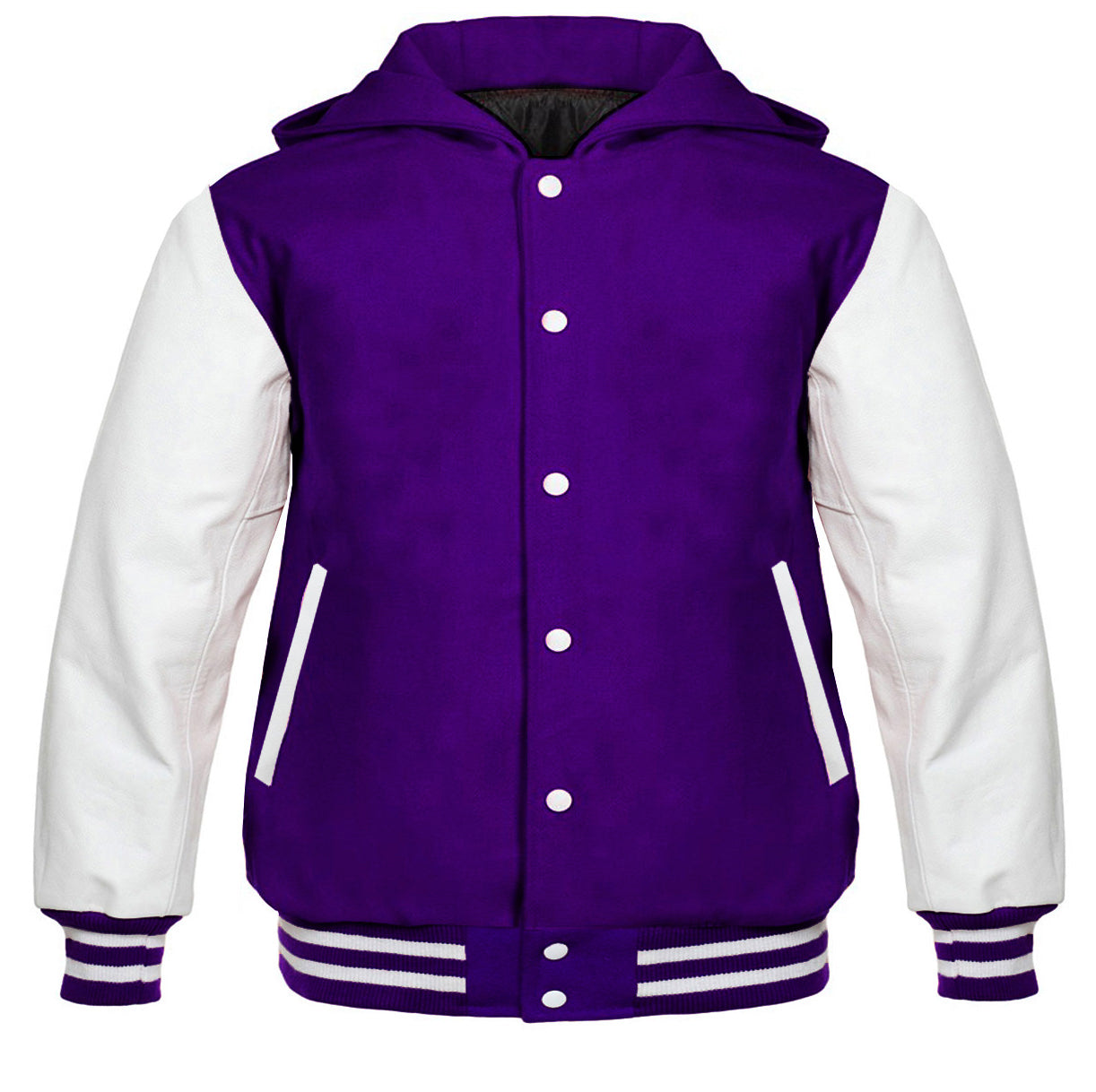 Hooded Varsity Lettermen Baseball Jacket Purple with White Genuine Leather Sleeves