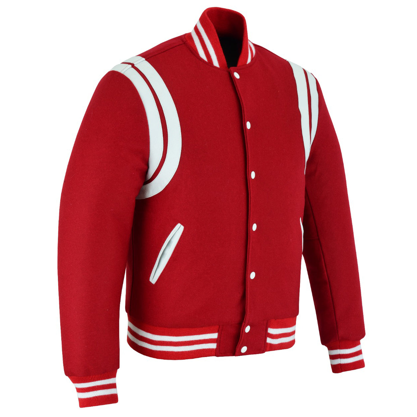 Classic Varisty Letterman Baseball College Jacket Red Wool with White Double Leather Strip