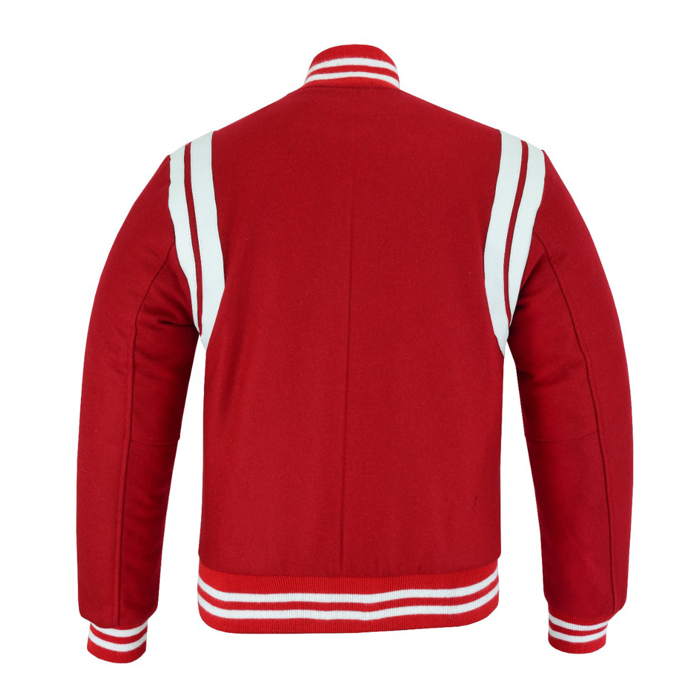 Classic Varisty Letterman Baseball College Jacket Red Wool with White Double Leather Strip