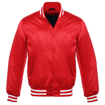 Satin Jacket Vintage Style Letterman  Baseball Red Bomber Jacket  with White Trim