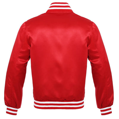 Satin Jacket Vintage Style Letterman  Baseball Red Bomber Jacket  with White Trim