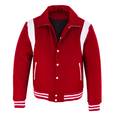 Classic Varsity Letterman Baseball College Jacket Red Wool with White Single Leather Strip