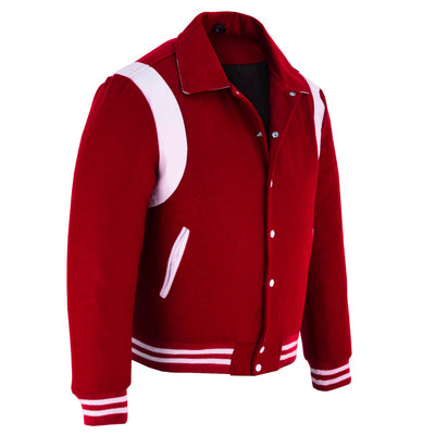 Classic Varsity Letterman Baseball College Jacket Red Wool with White Single Leather Strip
