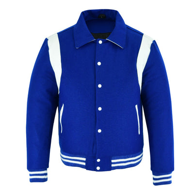 Classic Varsity Letterman Baseball College Jacket Royal Blue Wool with White Single Leather Strip