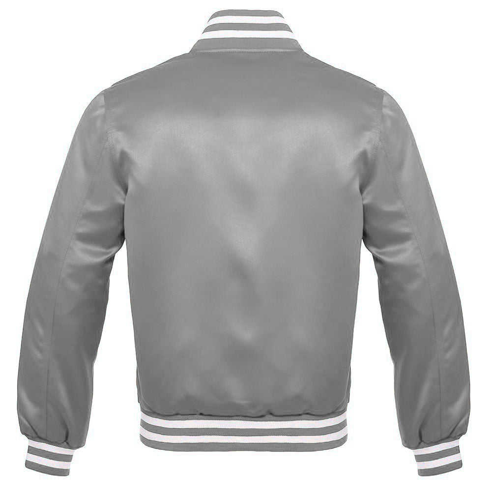 Satin Jacket Vintage Style Letterman  Baseball Silver Grey  Bomber Jacket  with White Trim