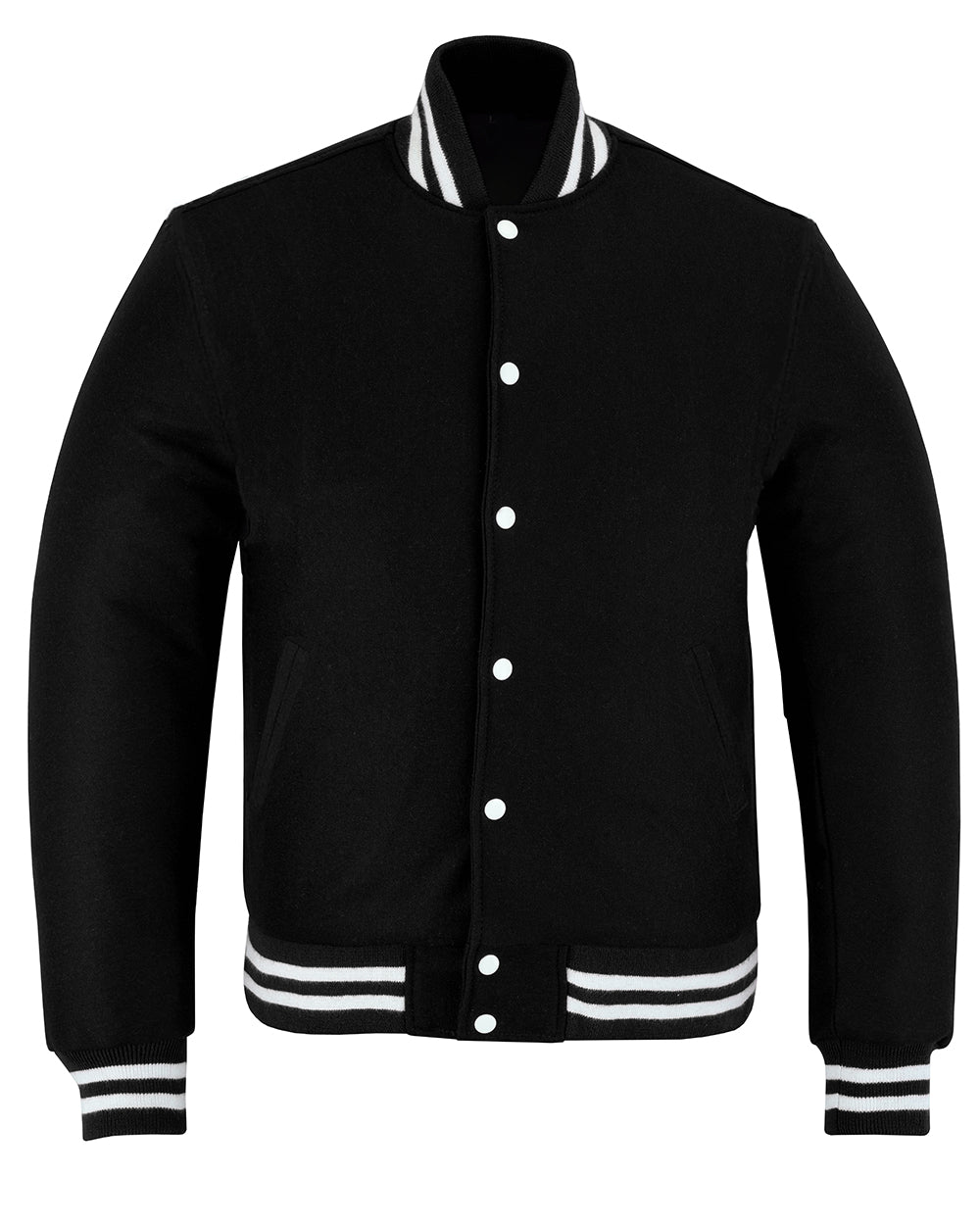 All Wool Vintage Style Varsity Letterman Baseball Jacket Black With White Trim