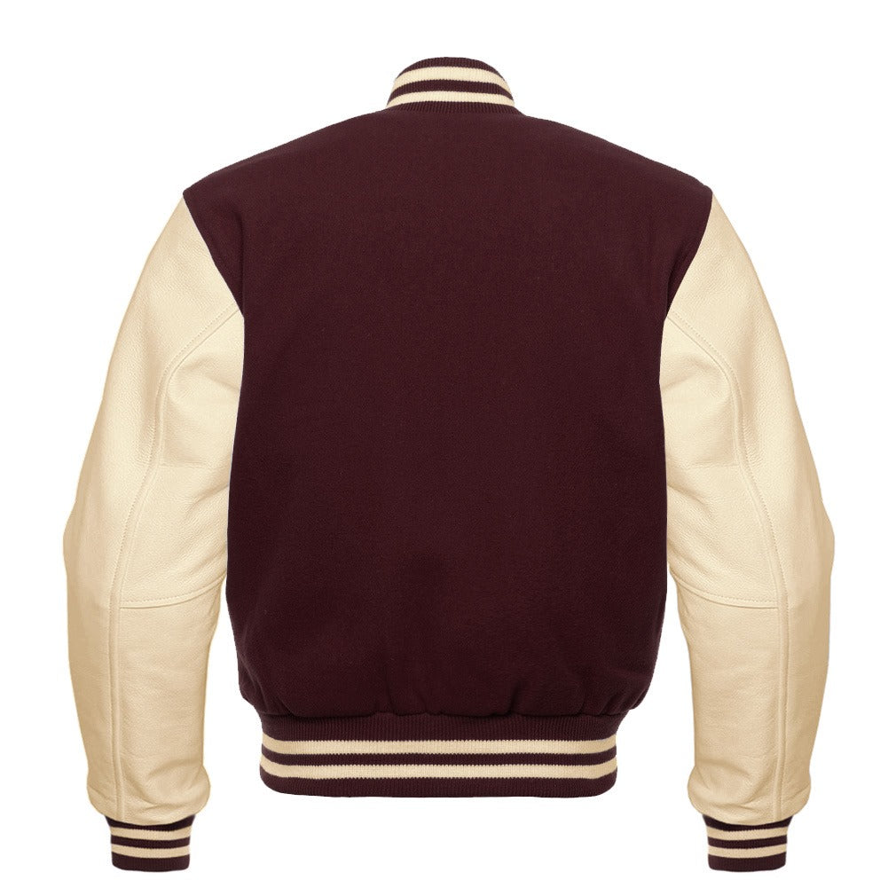 Classic Varsity Letterman Jacket Brown with  Cream Cowhide Leather Sleeves