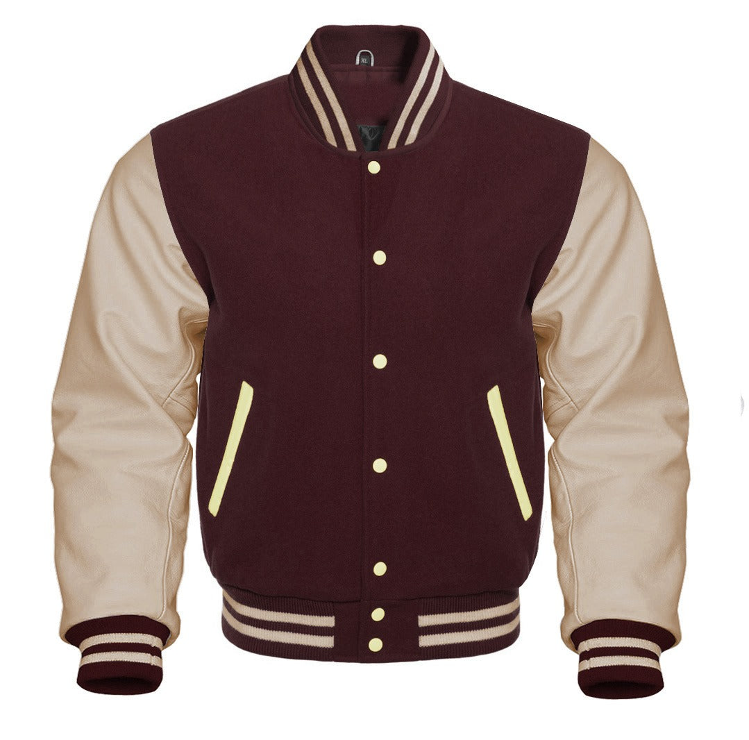 Classic Varsity Letterman Jacket Brown with  Cream Cowhide Leather Sleeves