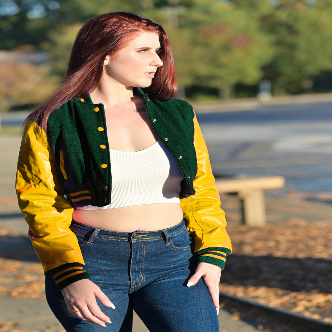 Women Crop top Classic Style Dark Green Wool Gold Sleeves Varsity Jacket Custom Letterman